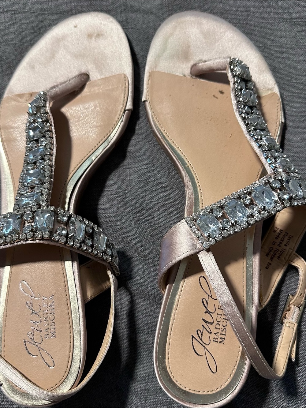 Badgley Mischka Champagne Satin Jewel Embellished T-Strap Sandals